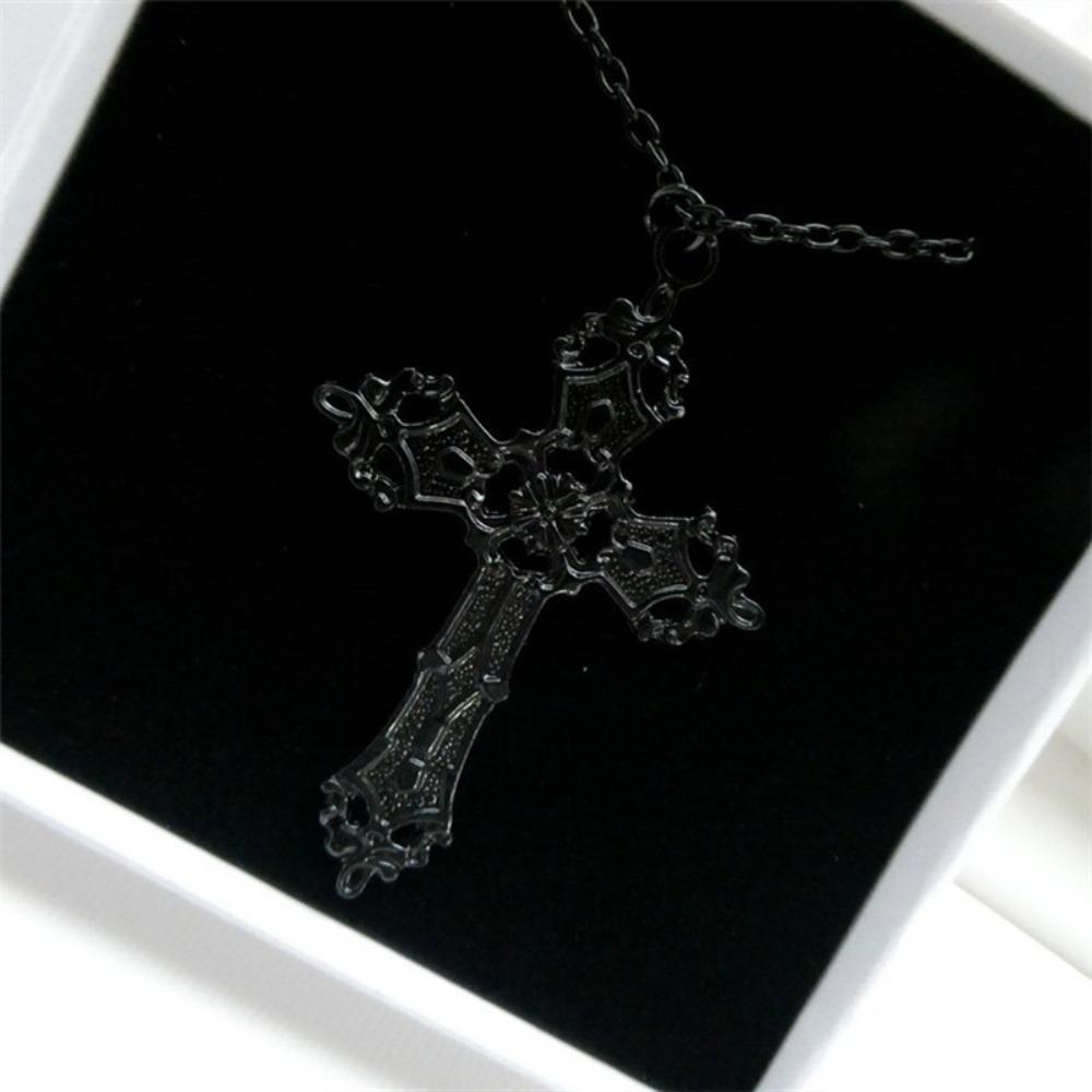 Gothic Punk Black Hollow Out Relief Pattern Cross Pendant Necklace for Women Men Hallowmas Party Hip-hop Rock Jewelry Gifts