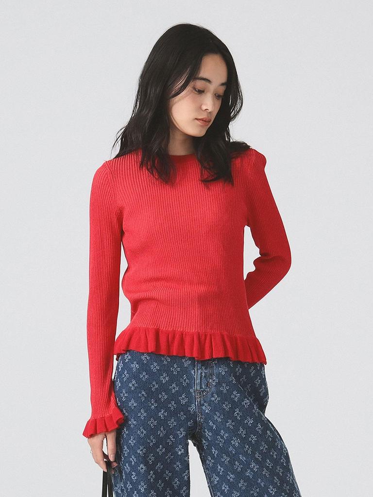 Ray Beams RIB Frill Hem Long Sleeve Knit Size Women's Sweater, Red/Free
