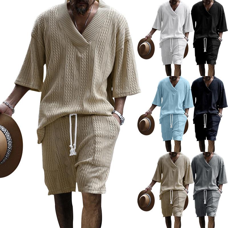 Summer Casual Shorts Set Knitted Two Piece Men's Clothing V-Neck Short Sleeve T-shirt and Shorts Streetwear Knit Outfits