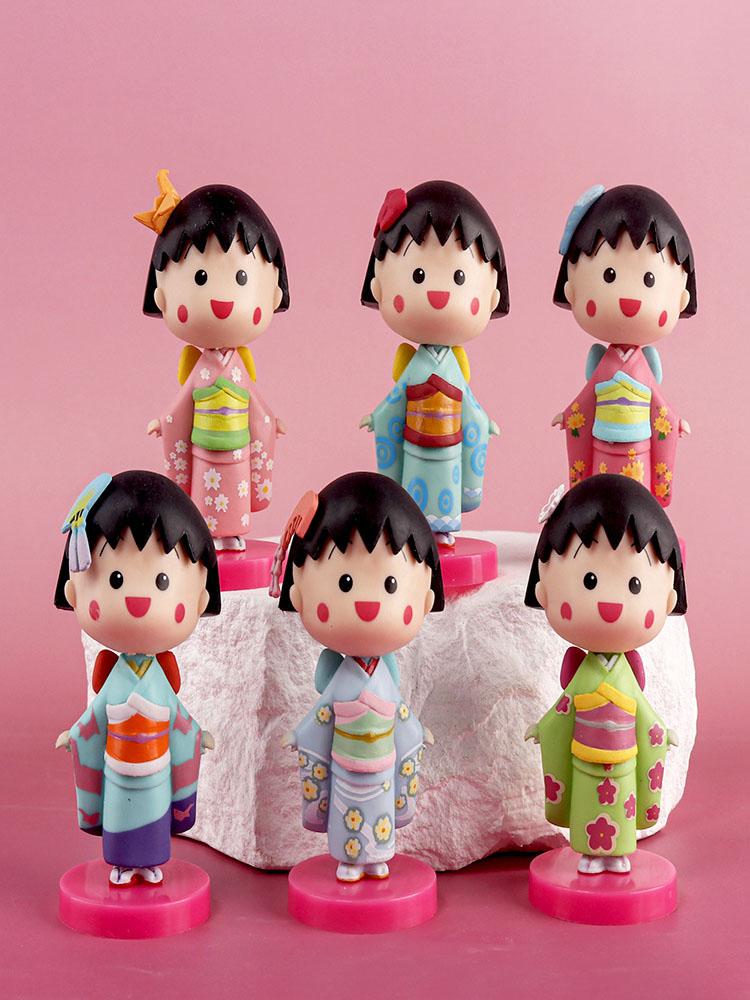 

6Pcs/set Chibi Maruko-chan Cartoon GK Cute Kimono Little Girl Doll Anime Figures PVC Children Hobby Toys Gifts Cake Decoration