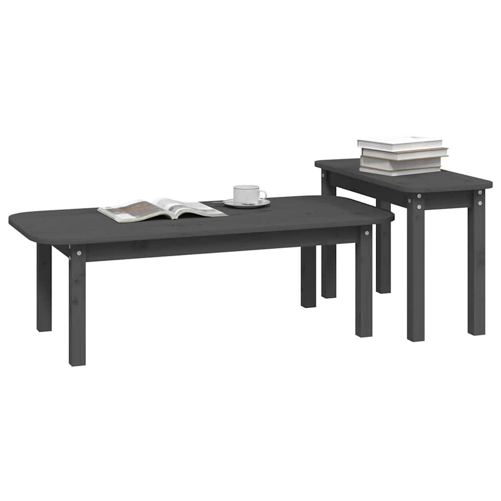 2 Piece Coffee Table Set Grey Solid Pine Wood