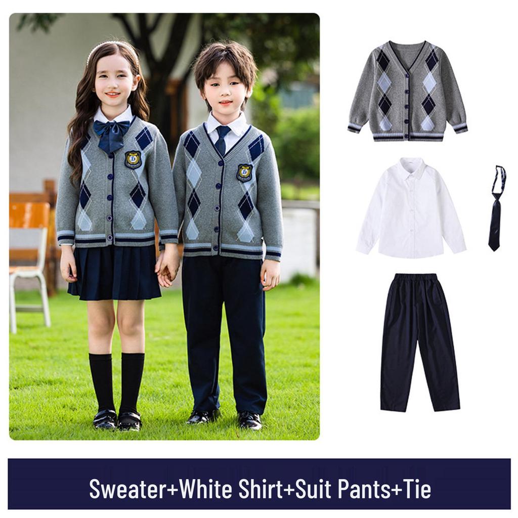 Britský styl Pletený třídílný set školní uniformy pro mateřské a základní školy - Jaro, Podzim a Zima