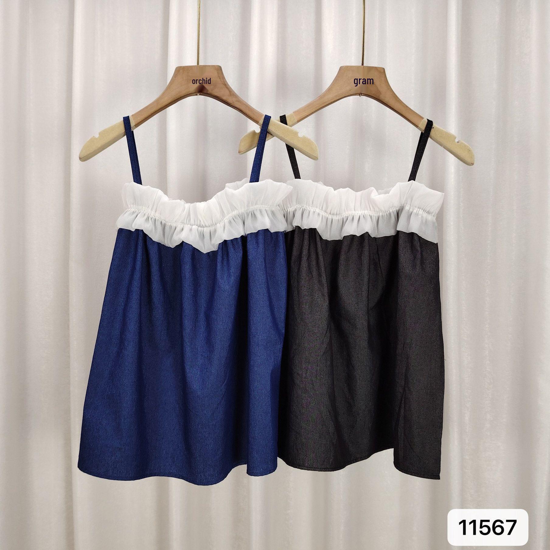 Women s Summer Retro Chiffon Denim Ruffle Vest One Size [120-160 lbs] чёрный