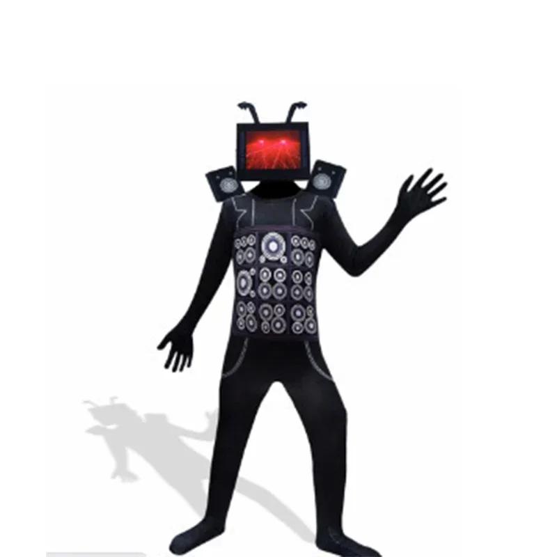 Skibidi Toiletkostuum Spel Cosplay Speaker Man TV Man Romper Jumpsuit Masker Cosplay Halloween-kostuums voor mannen Kinderen 120 black