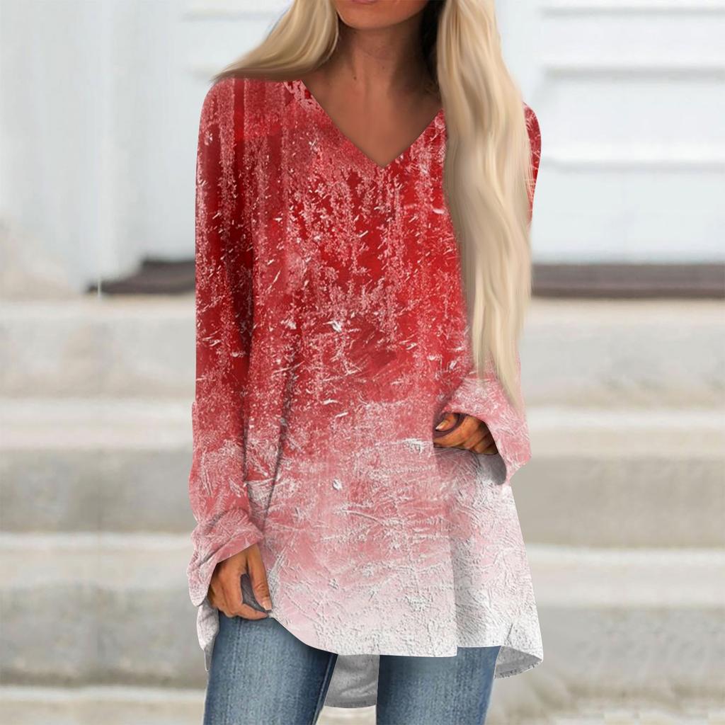Ladies' Fashionable And Casual Halloween Printed T-shirt Long Sleeved V-neck Mid Length Top