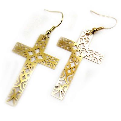 [L3042] - Gold Plated 'Cross' Earrings - 55x25 Mm