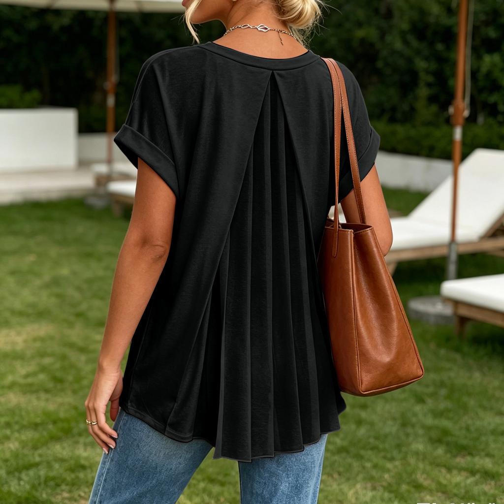 Women's Summer Short Sleeve Top V Neck Back Pleated Detail Lightweight Blouse Casual Loose Fit Shirt for Daily Wear