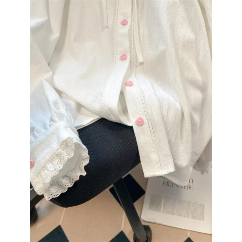 2024 frühling Bluse Frauen Japanischen Kawaii Nette Spitze Patchwork Peter Pan Kragen Hemd Vintage Süße Stickerei Top Blusas Feminina