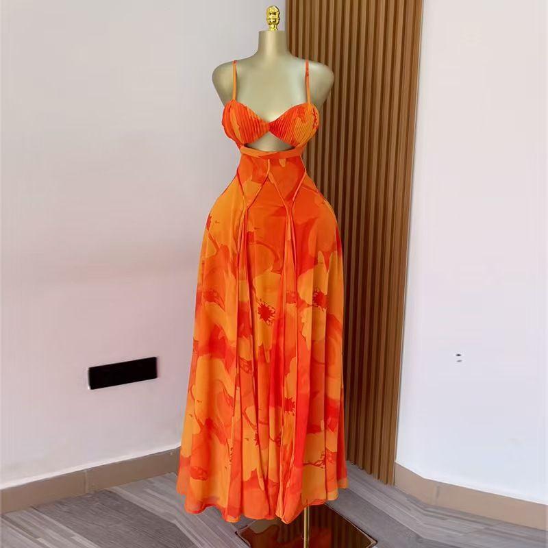 

Fashion Style New Arrival Sweet Fresh Print Sling Tube Top High Waist A- line Dress Sling Sexy Dress Orange Red XL