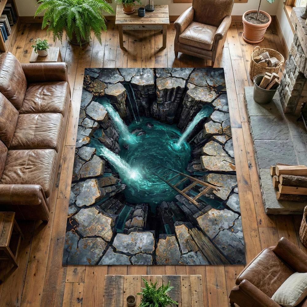 Stone Vortex Hole 3D Optical Illusion Graphics Carpet Living Room Coffee Table Area Sunroom Non Slip Floor Mat Gift