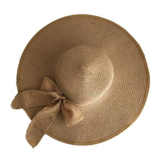 Women's Large Brim UV Protection Foldable Straw Hat with Bow for Spring/Summer