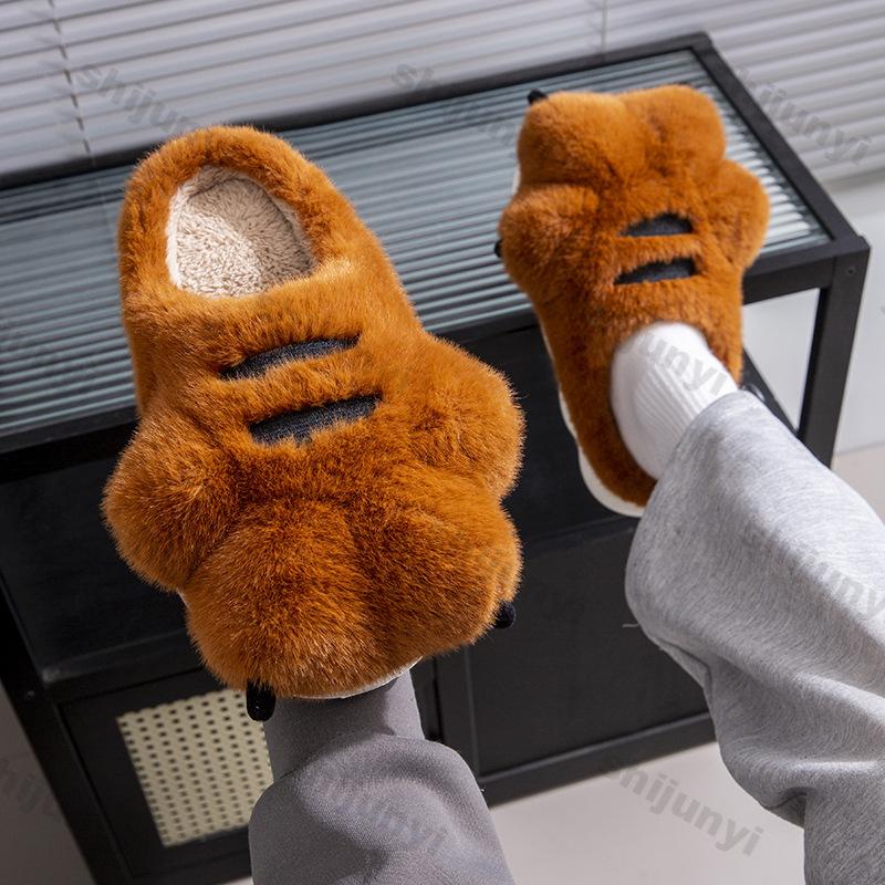 Fashion Cute Cartoon Fluffy Slippers for Women Men Winter Warm Soft Plush Big Paw Anti-slip Couples Indoor Home Non-slip Warm Slippers
