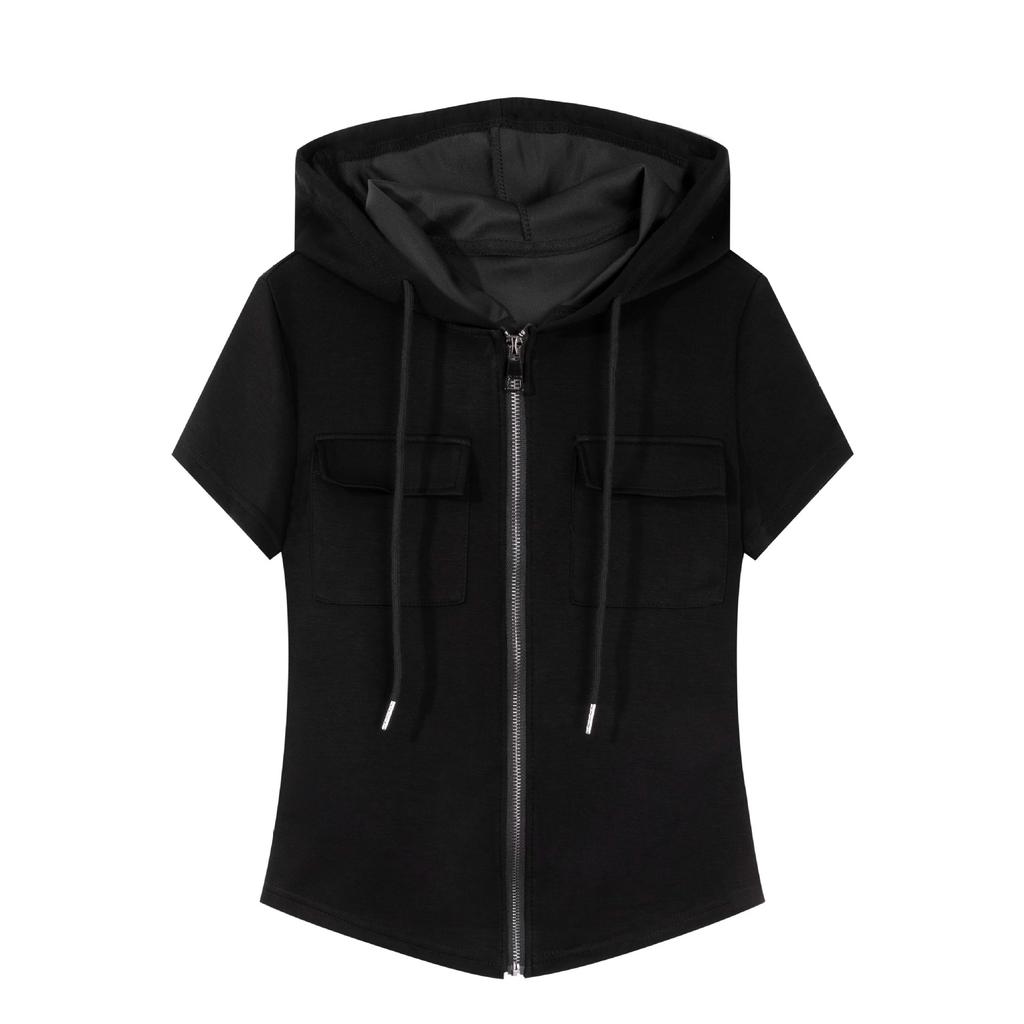 Hooded Shoulder Short Sleeve T-Shirt Women's Summer Large Size Slim Skinny Chic Belly Cover Zipper Sweater Jacket Trendy Fitted Hooded Zip-up Top