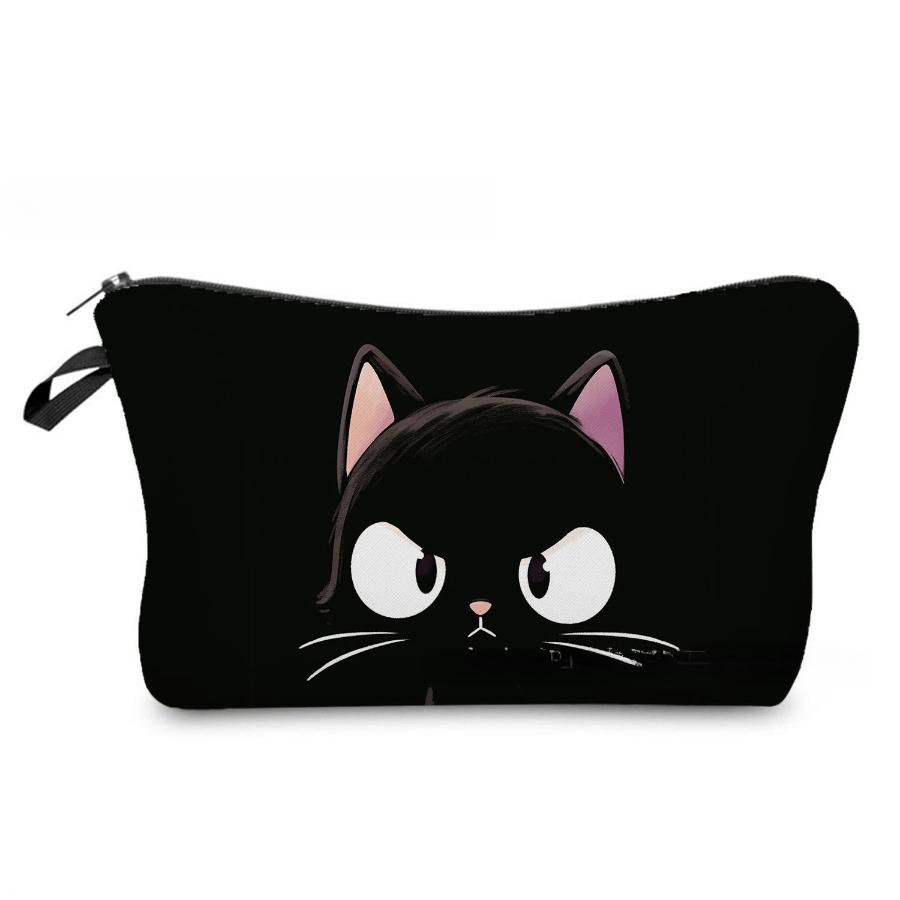 Women Black Cat Print Cosmetic Bag Toiletries Organize Travel Storage Case 6964 KTB
