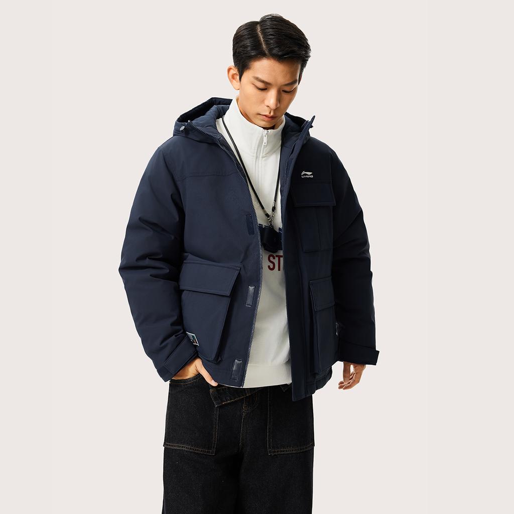 Li Ning Sports Lifestyle Series Logo Hooded Comfortable Warm Cold Resistant Winter Short Zipper Short Down Jacket Men Outerwear AYMU363-4
