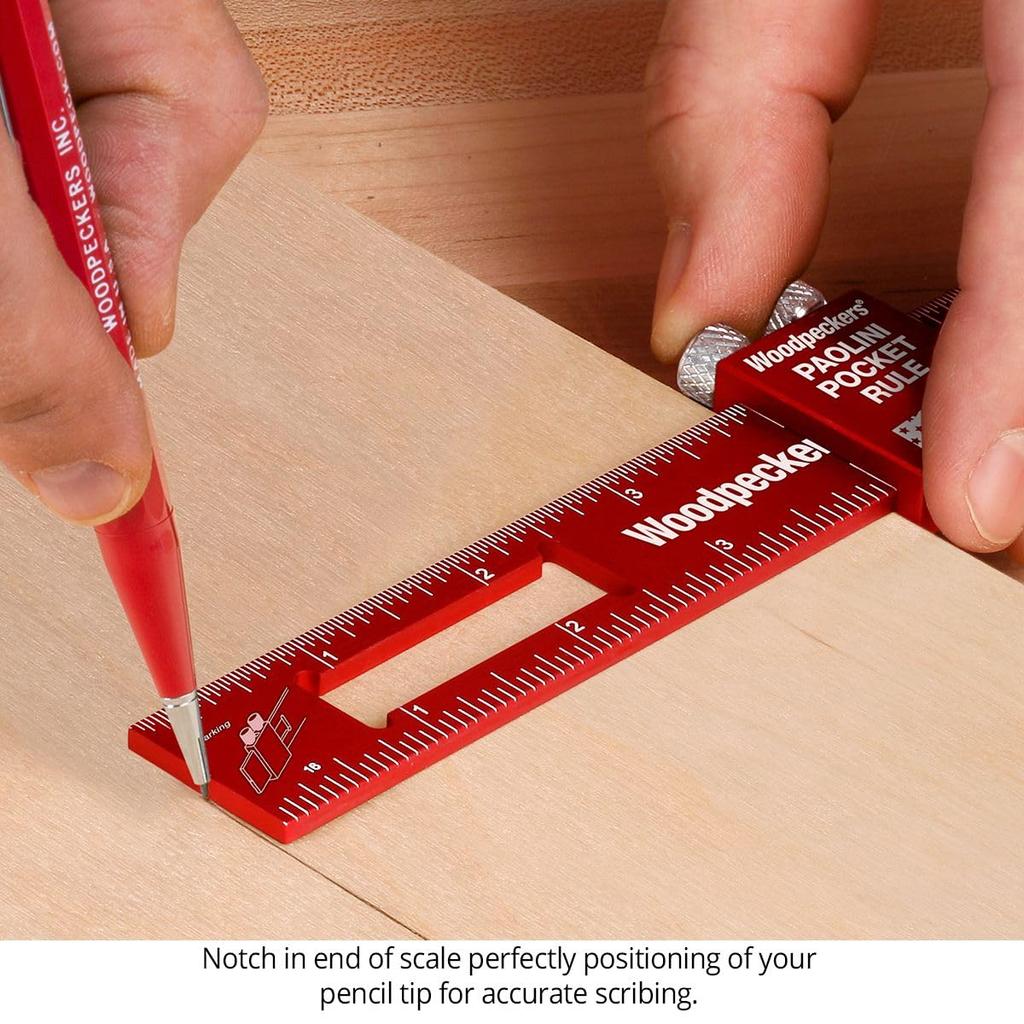Woodpeckers Paolini Pocket Metric Woodworking Ruler with Slide Vertical End Scribing and Engraved Rule, Aluminum, 300mm, Stops, Scales, Notches,