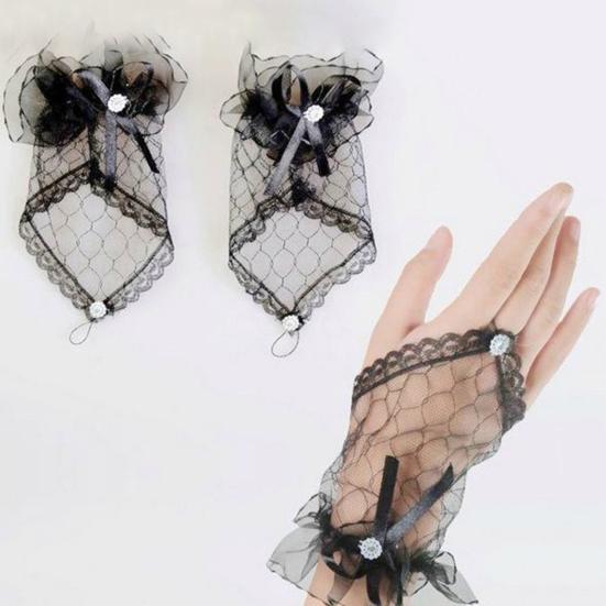 1 paio di guanti da sposa in pizzo senza dita trasparenti con fiocco, sottili guanti da sposa per feste, guanti corti morbidi vintage femminili