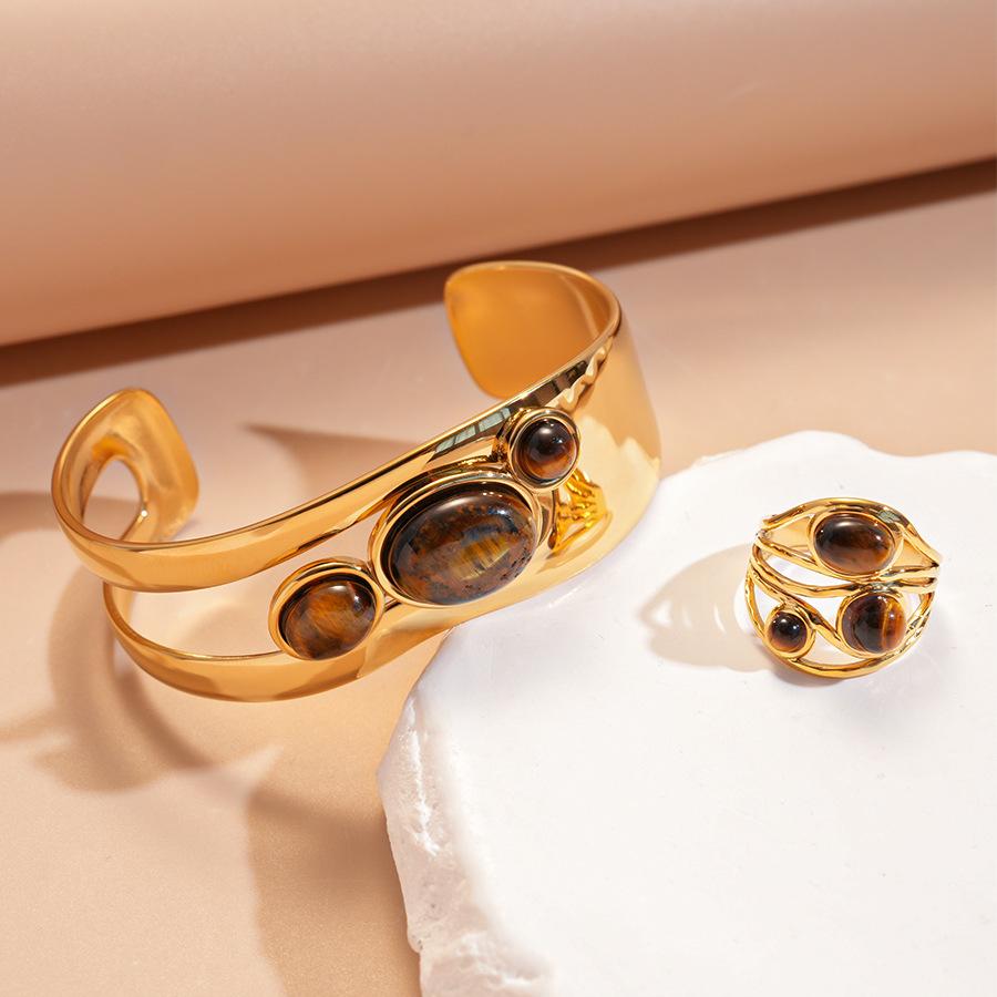 18k real gold electroplated stainless steel tiger's eye stone oval opening bracelet retro bracelet