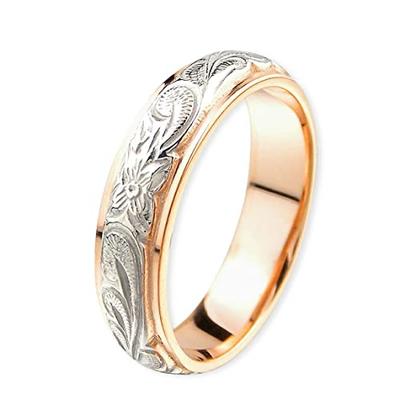 Aloha Lokahi Hawaiian Jewelry Ring, Surgical Stainless Steel, Double Cutout, Straight Edge, Scroll, Plumeria, Rose Gold, Size 13