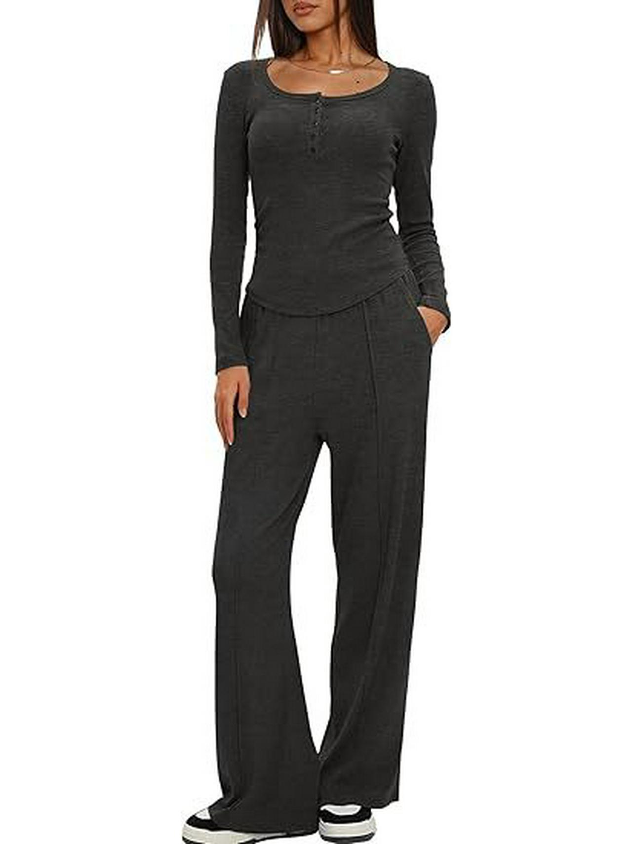 

European & American Women s Solid Color Long-Sleeve Two-Piece Button Round Neck Pants Set Small темно-серого