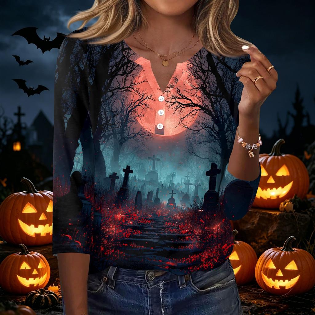 Dámské Halloweenské Tričko s Potiskem a Výstřihem do V - Knoflíky, Tříčtvrteční Rukáv, Ležérní Módní Top
