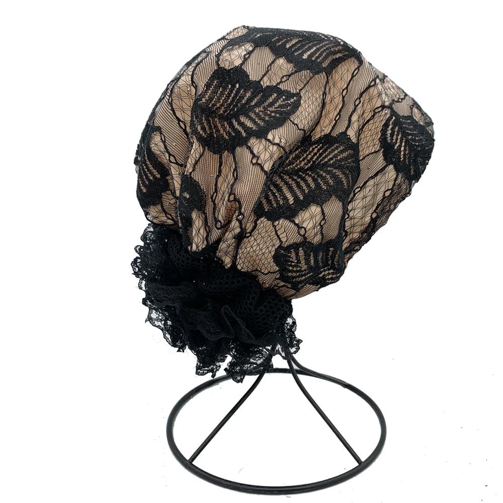 Breathable Leaves Embroidered Lace Turban Caps for Women