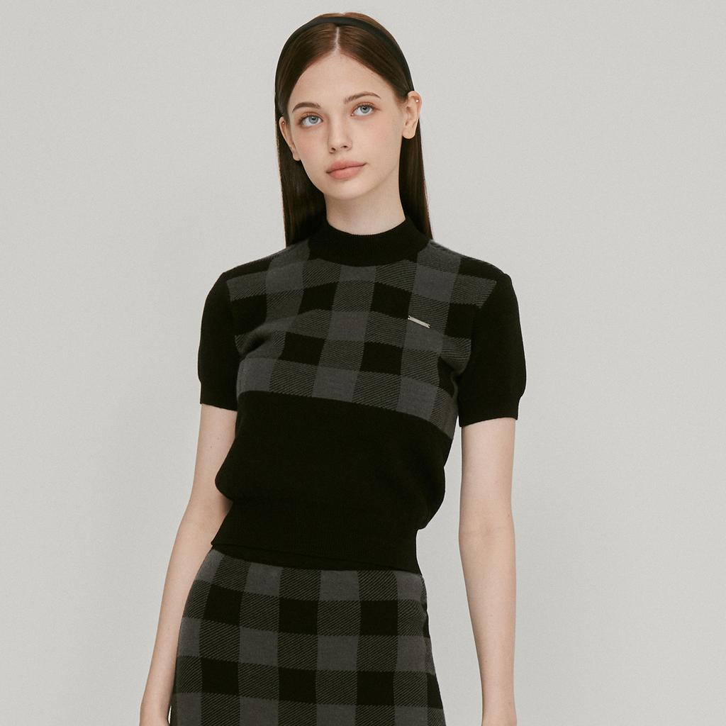 LIKK Neck Collar Check Knit T-Shirt (Black) _L3C1-Nt08K