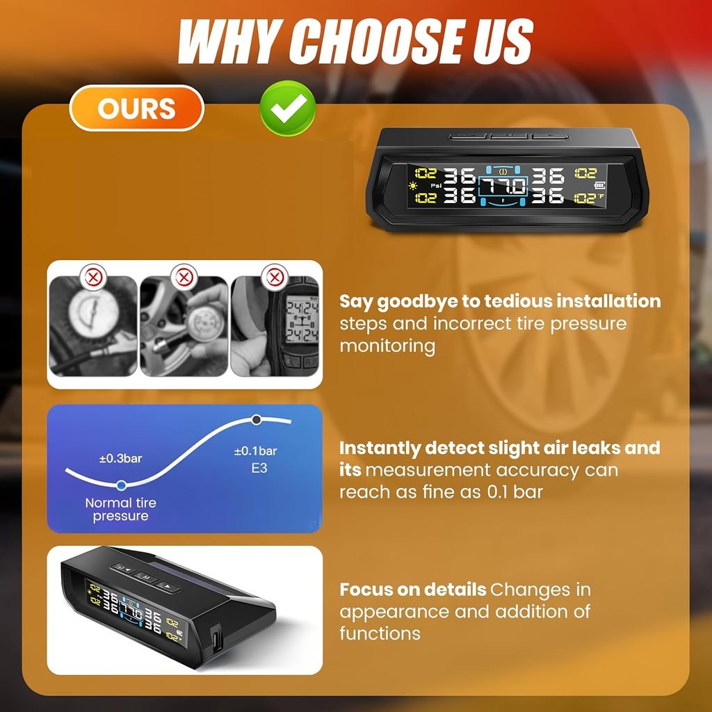Car TPMS With USB Charging Solar Powered Display With 4 External Tire Sensor For Auto Tyre Security Device