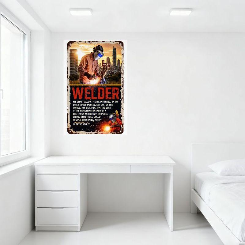Vintage Welder Metal Tin Sign with Welding Scene & 'WELDER' Text, Rustic City Skyline Background, Man Cave Garage Art Decor for