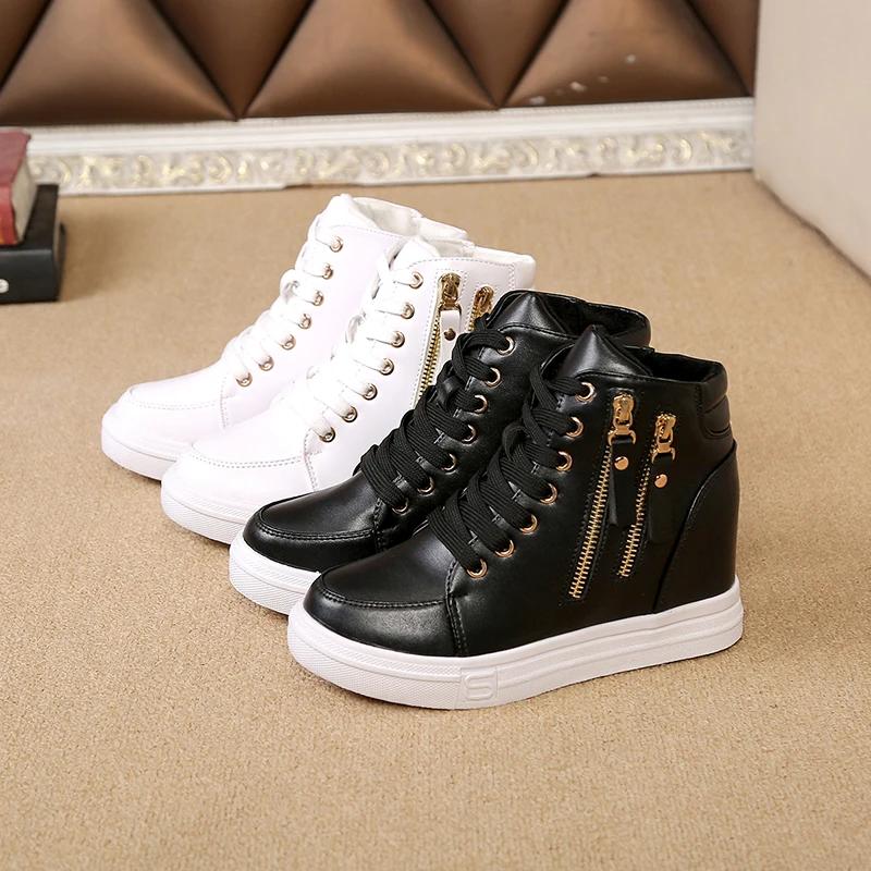 Innvendig Høydeøkning Platform Dame Støvletter Høst Vinter Dame Vulkaniserte Sko Dame Snøresko Fritid Høy Topp Kile Sneakers