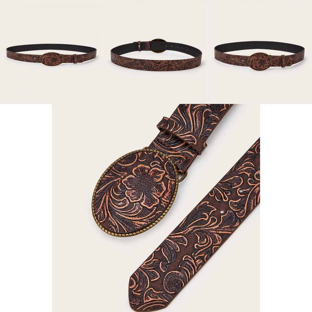 Fashion Retro Flower Pattern Oval Buckle Decoration Women Wide Belt For Hiphop Enthusiasts