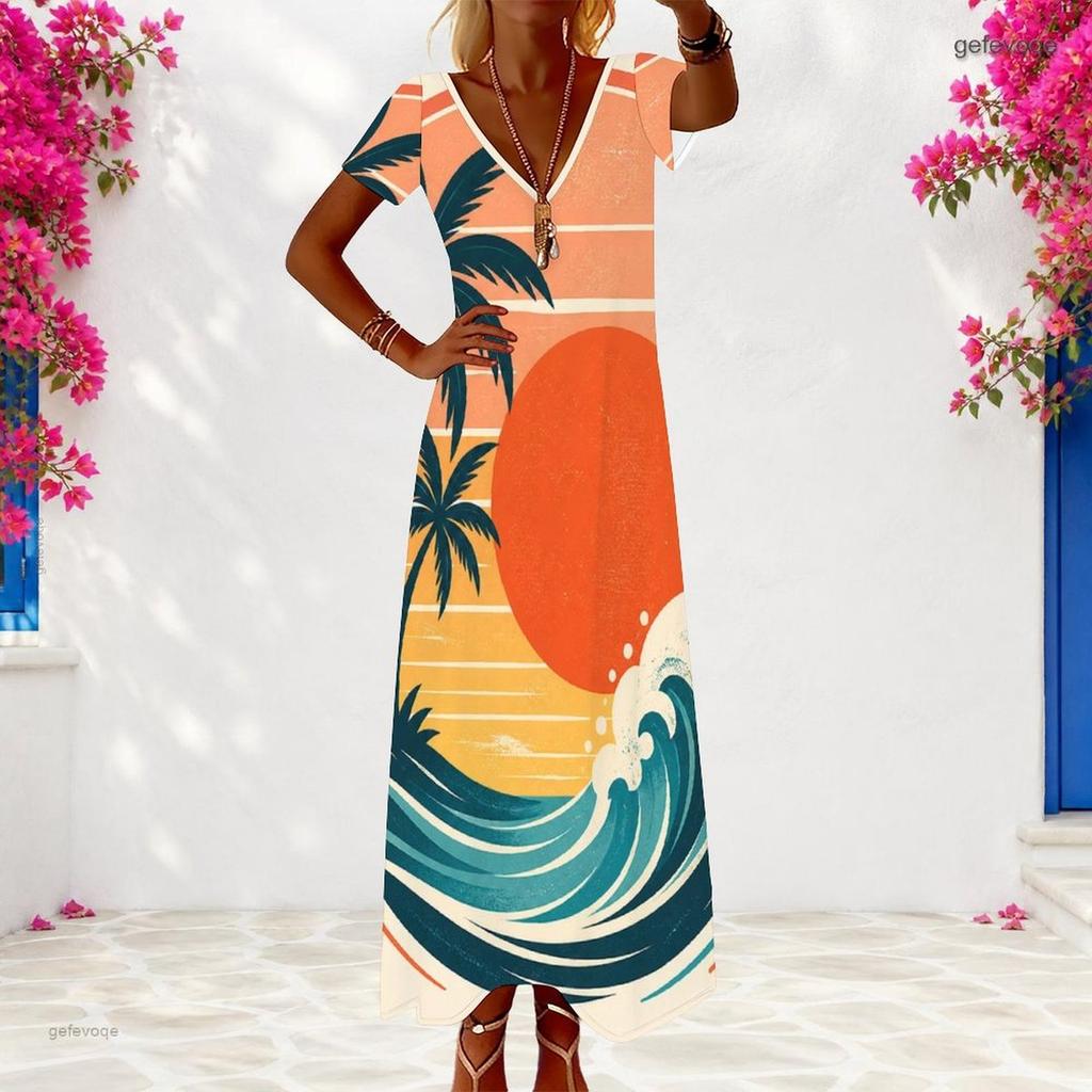 Women Plus Size V Neck Short Sleeve Printed Gradient Maxi Dress