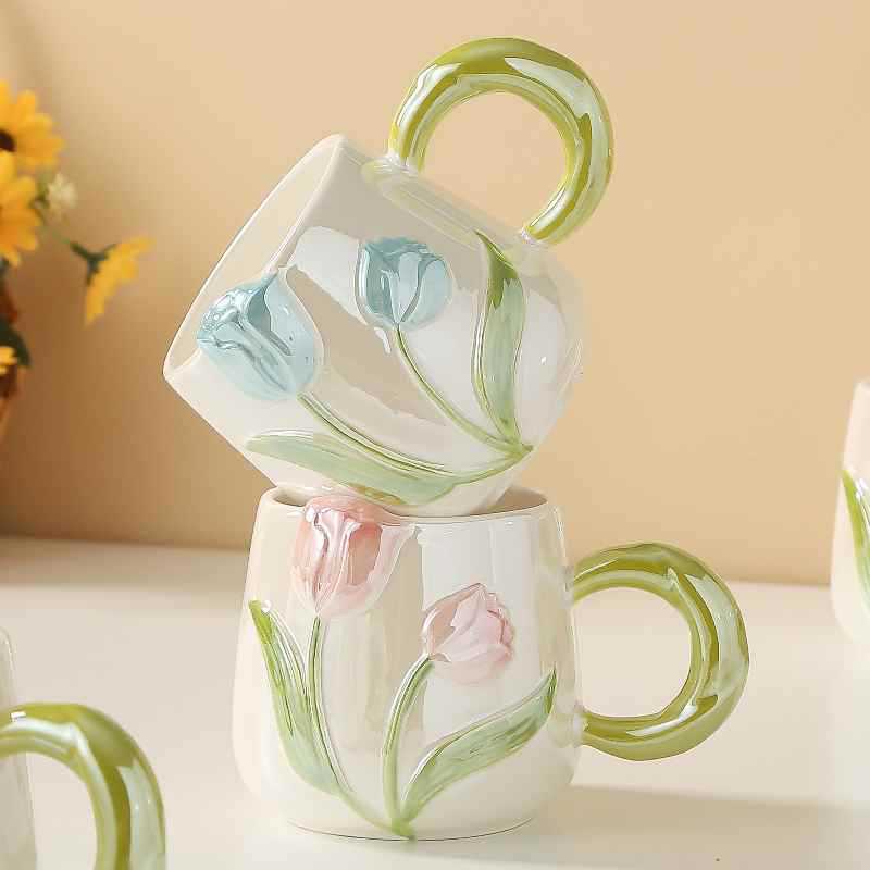 Creative Hand-painted Tulip Mugs High Appearance Level Ins Style Ceramic Cups  Niche Design Sense  Drinking Cups and Coffee Cups