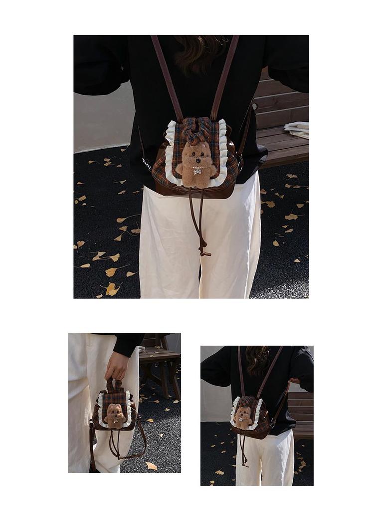 2025 Autumn/Winter Cute Bear Plaid Mini Backpack for Women