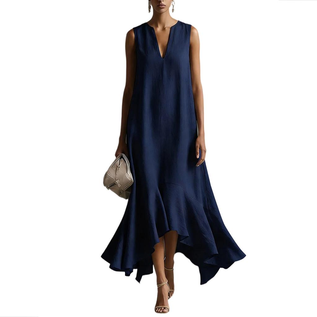 Sleeveless V Neck High Low Hem Maxi Dress for Women Loose Fit Flowy Lightweight Fabric Elegant Style