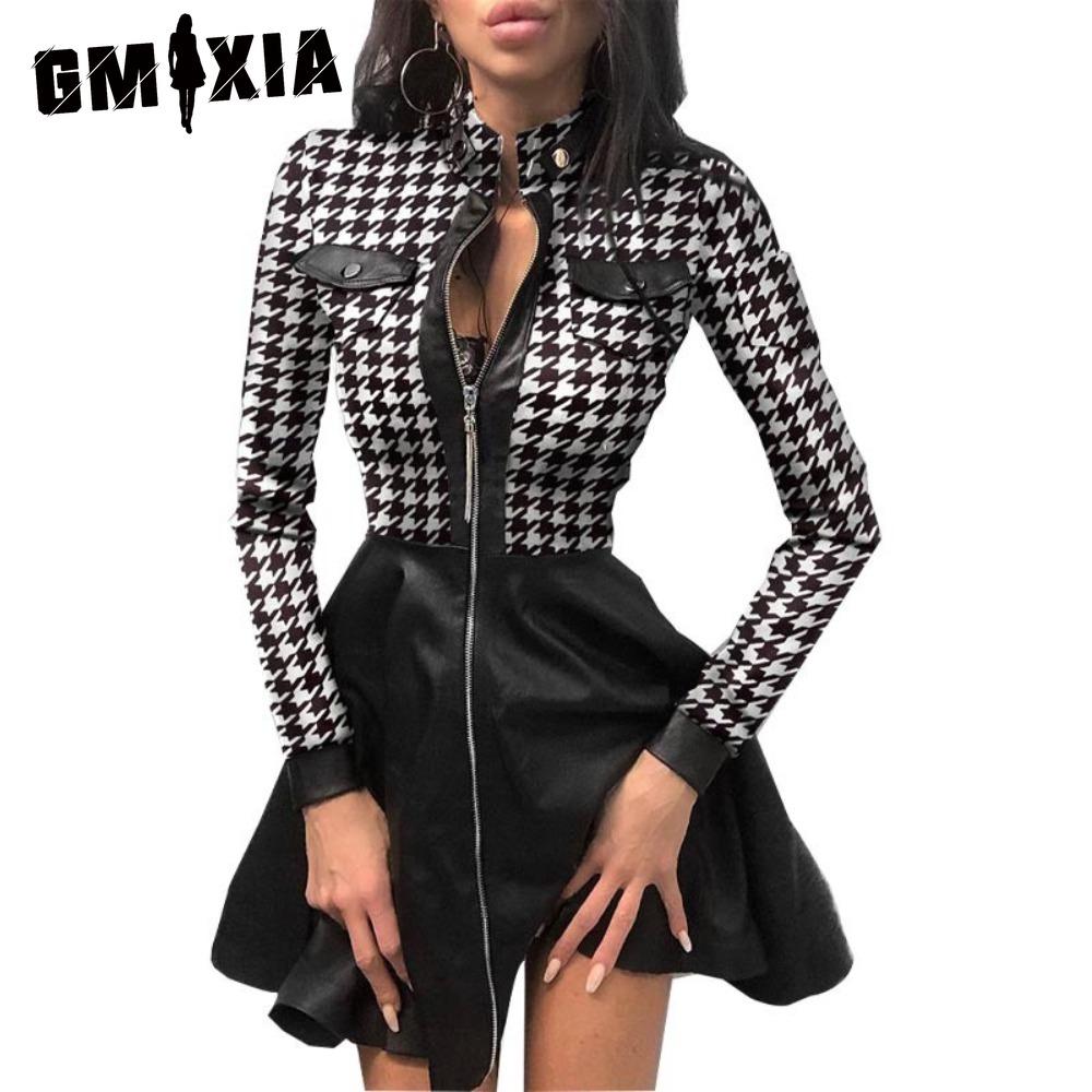 

GMXIA Fashion Женское кружевное мини-платье с длинным рукавом, на молнии, с большим подолом из искусственной кожи S