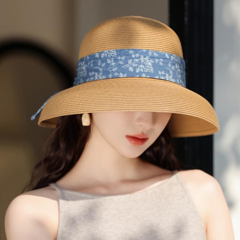 Elegant Bow Big Brim Straw Hat Women'S Leisure Vacation Visor Travel Beach Bucket Hat