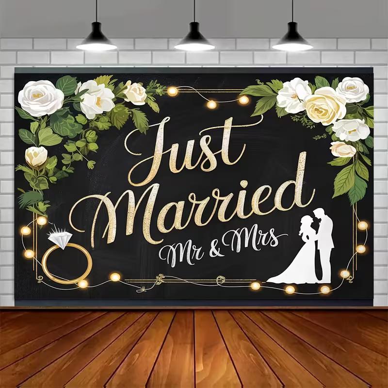 2D Floral Just Married Backdrop with Couple Silhouette Wedding Decor