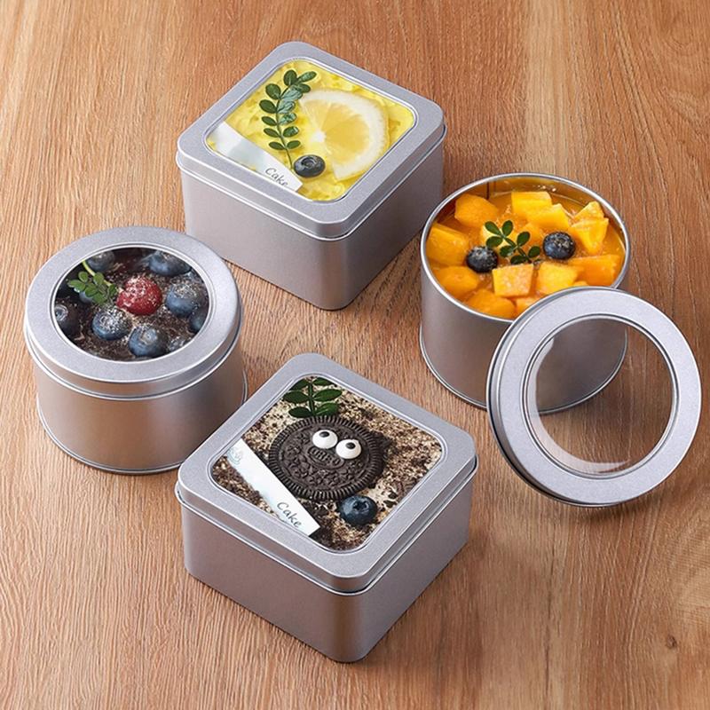 Round Square Tinplate Box Clear Window Iron Storage Box Tea Food Jar Candy Cake Boxes Jewelry Cream Cosmetic Container Empty Pot