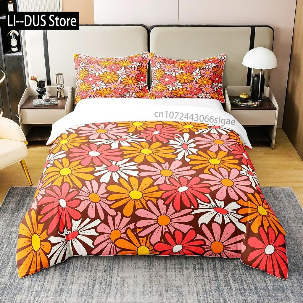 Vintage Floral Pure Cotton Duvet CoverRetro Comforter CoverColorful Daisy Bedding Set with 2 Pillow Sham Full Size 3 Pieces