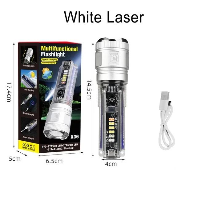 Powerful White Laser LED Flashlight Long Range 1000M Zoom Torch Lamp Solar Powered/USB Charging Outdoor Warning Flashing Light