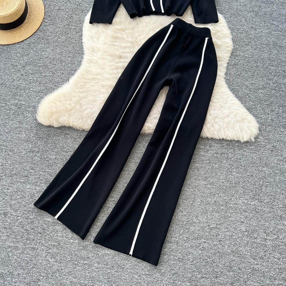 Autumn Winter Women Casual Knitted Sweater Trouser Two Piece Set Full Sleeve Flower Pullover Tops and Wide Leg Pant Tracksuit
