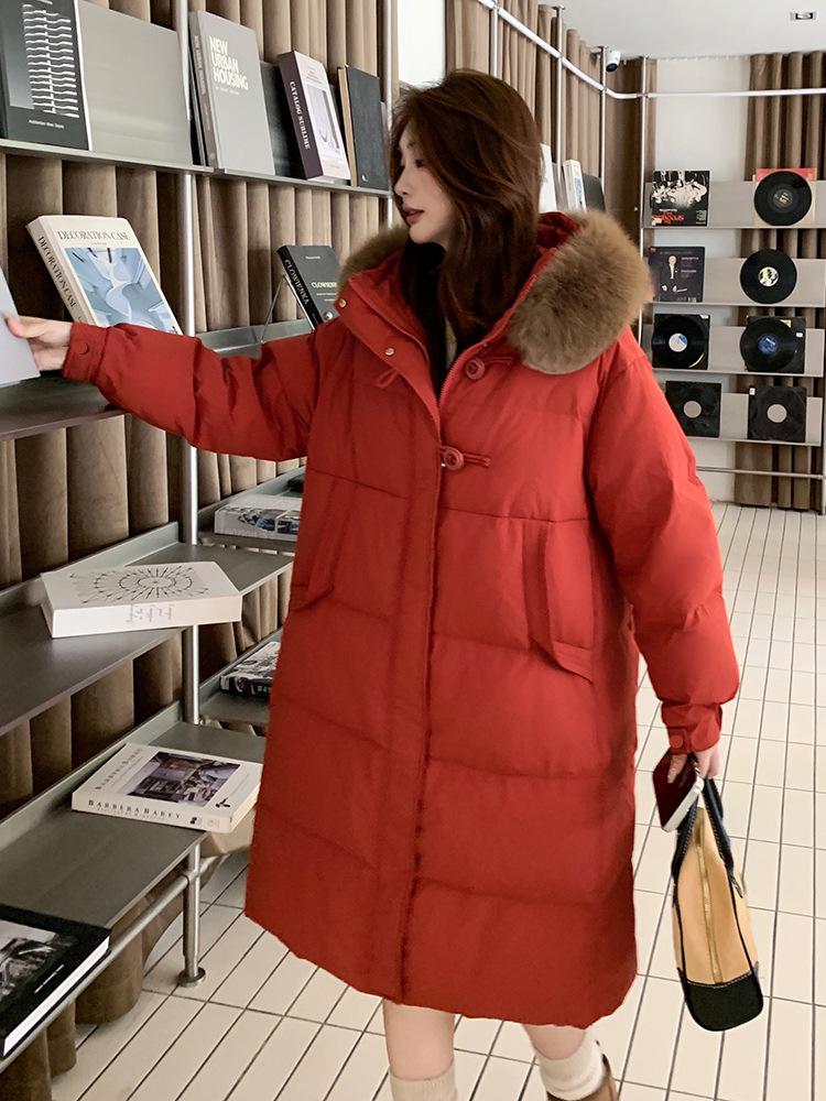 2026 Plus Size Women's Long Thickened Down Jacket with Fox Fur Collar, 200 Jin Capacity, Loose Fit, Extra Long Style