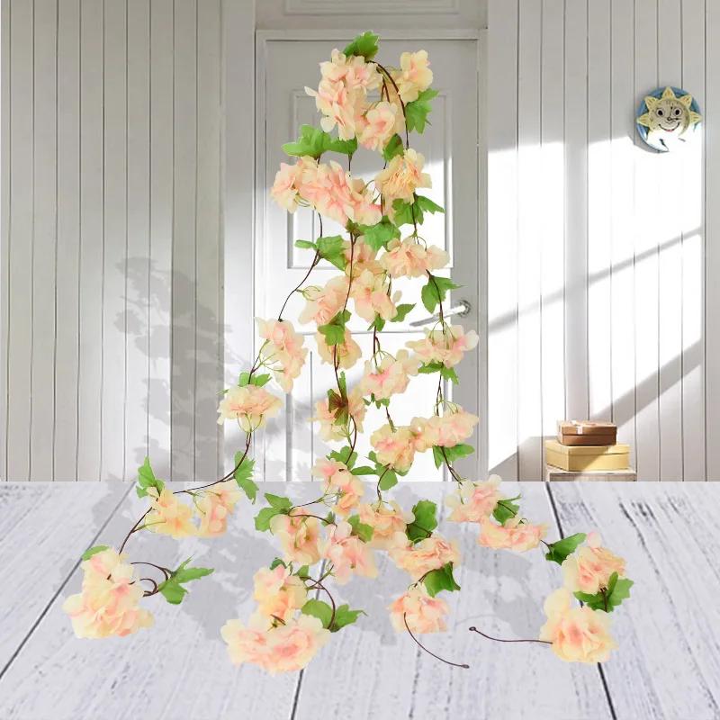 White/Pink Artificial Sakura Flowers Vine LED Light For Wedding Wreath Arch Decoration Bridal Fake Plants Decor Flower Vines