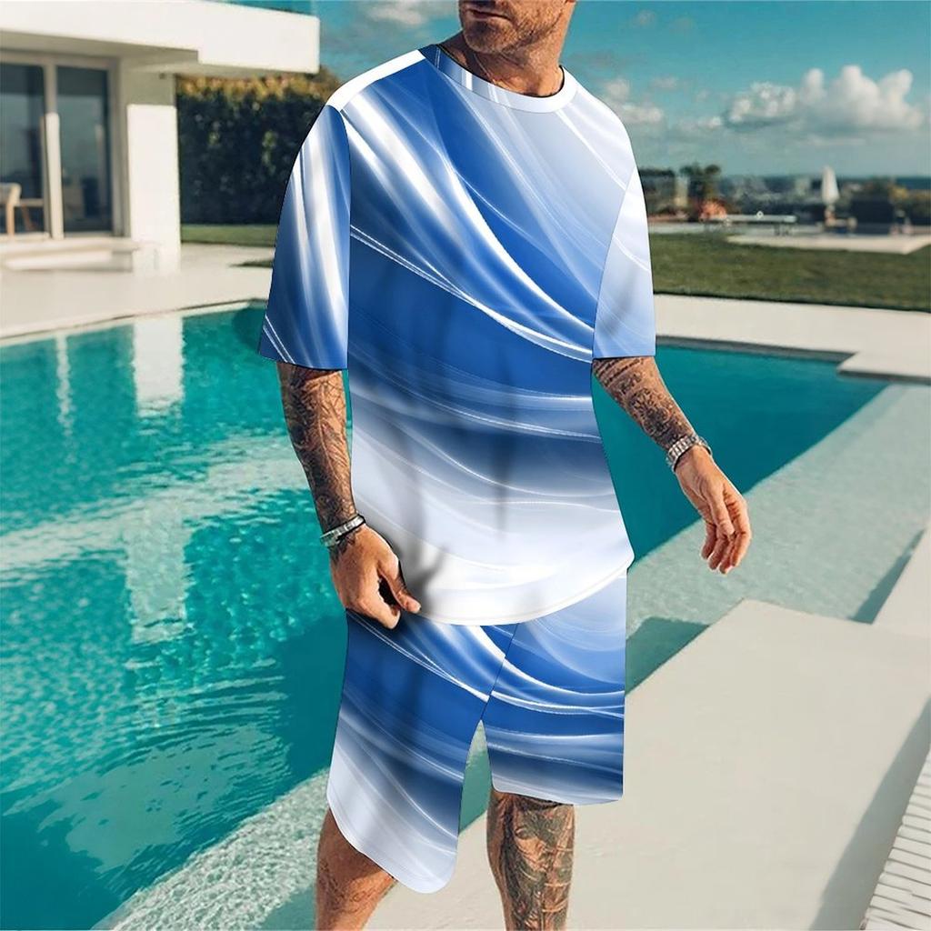 Men Black Gold Swirl Texture Split Print Short Sleeve Tee And Matching Shorts Two Piece Suit