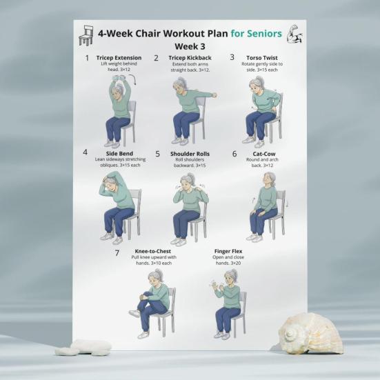 4Pcs 4-Week Chair Exercise Chart for Seniors Full Body Seated Stretching