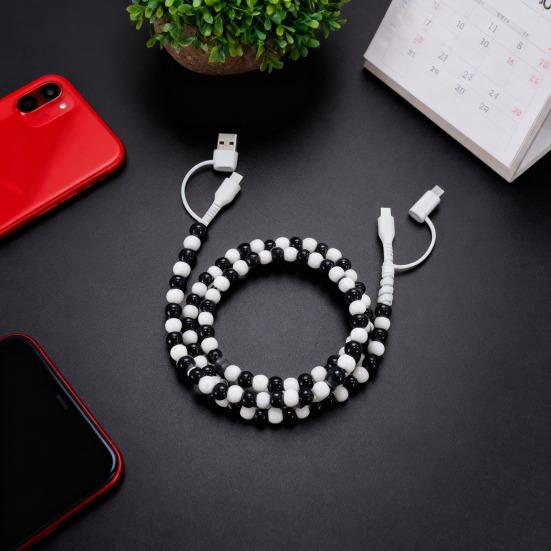 2-in-1 USB Cable Bead Design High-speed Data Transfer Cable with Type-C Connector Tangle-Free Charging Cord for Car And Travel