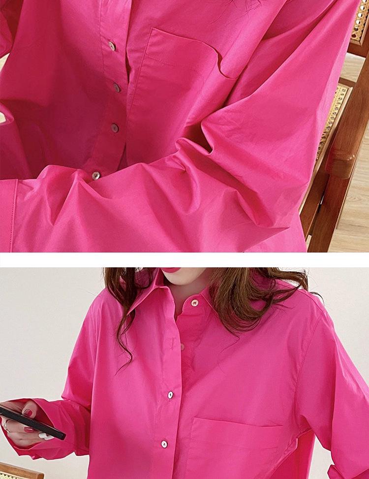 Rose Red Cotton Long-Sleeve Women's Shirt: Loose Fit, Slimming, Fashionable, Skin-Brightening - 2026 Spring Collection, Perfect for Commuting.