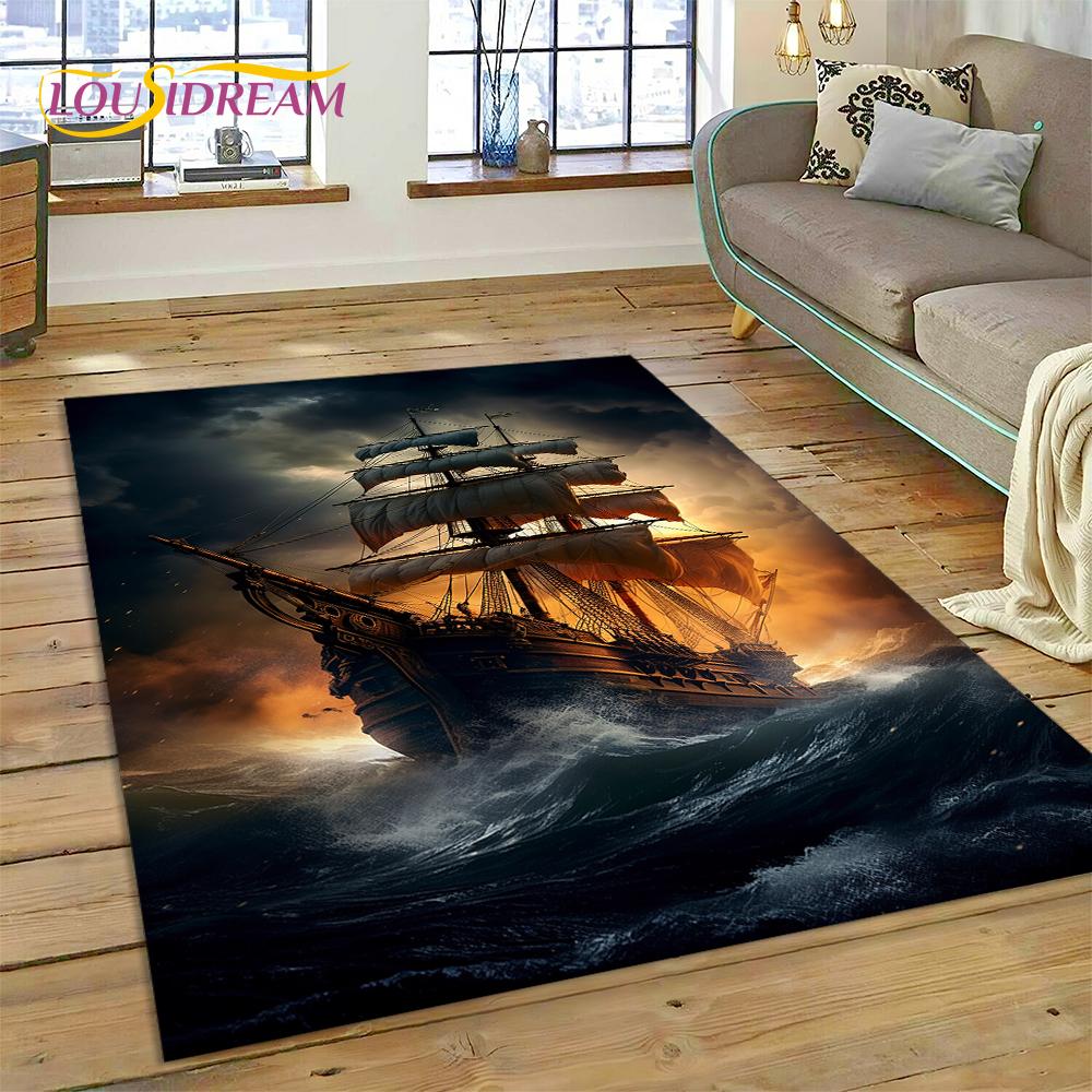 Antikes Piratenschiff Boot, Barke, Segelboot Teppich für Wohnzimmer Schlafzimmer Dekoration, Bodenteppich Rutschfeste Dekoration für Sofa Fußmatte