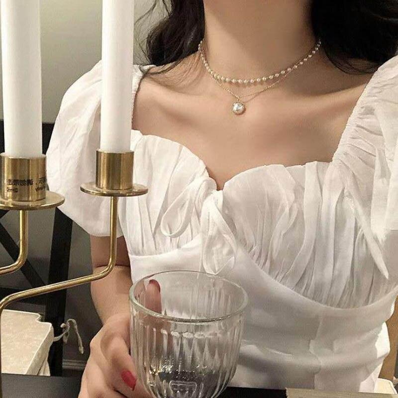 Kpop Pearl Pendant Necklace Gold Tone Layered Chain Choker Woman Egirl Bridesmaid Giveaway Gift Idea Dainty Angel Pendant Necklace Collares Mujer